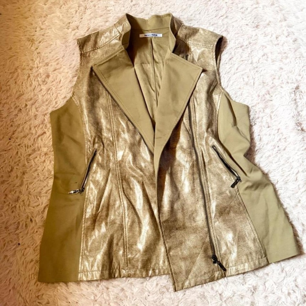 Gold Metallic Edgy Earthy Minimalist Statement Asymmetrical Moto Vest Womens XL